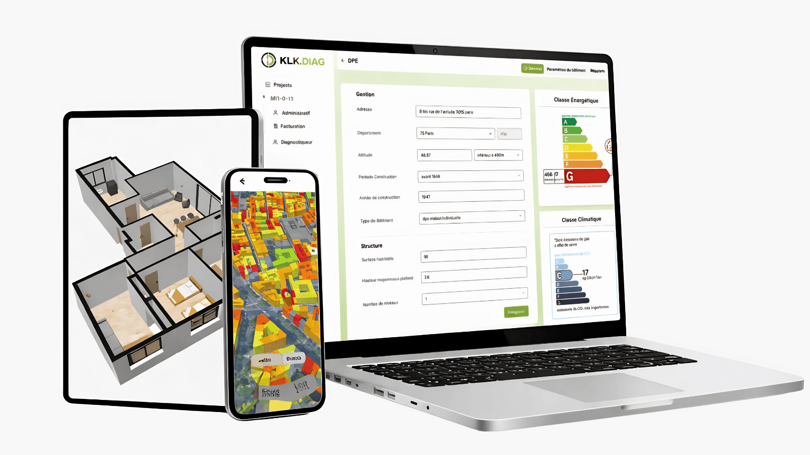 Interface KLK.Diag sur ordinateur, tablette et smartphone : gestion des données, maquette 3D et carte thermique.